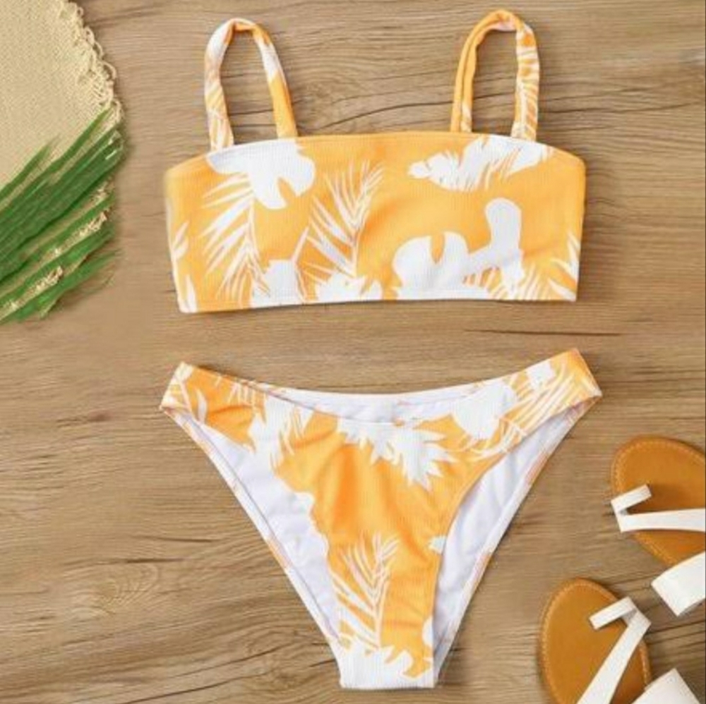SHEIN Bikini Swimwear Tropical Leaf Print Orange/White Size Small